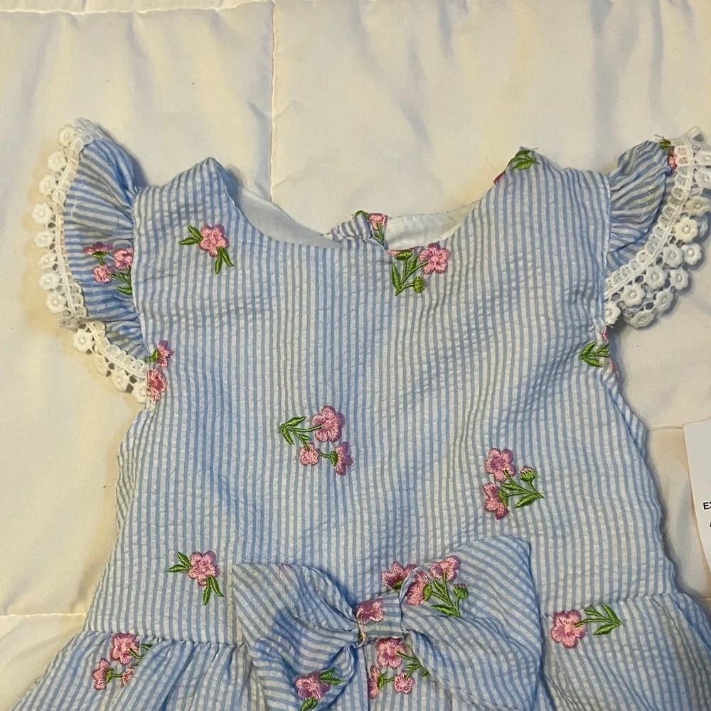 Rare Editions Striped Blue and Pink Floral Dress - Picture 4 of 7